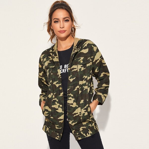 

Camo Print Pocket Front Denim Coat, Multicolor