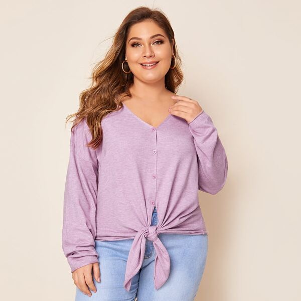 

Plus Drop Shoulder Button Up Tie Hem Cardigan, Purple pastel