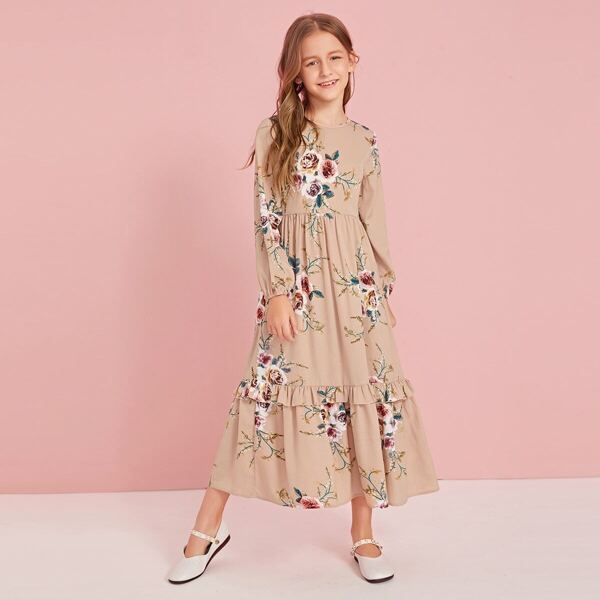 

Girls Zipper Back Ruffle Hem Floral Dress, Apricot pastel