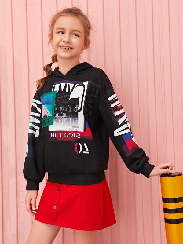 

Girls Drop Shoulder Graphic Print Hoodie, Black, Sashab
