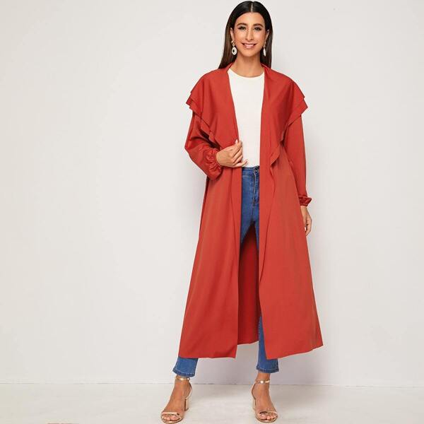 

Layered Ruffle Trim Belted Coat, Orange bright