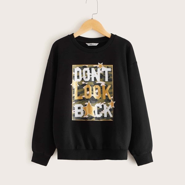 Girls Slogan and Camo Print Pullover, Black