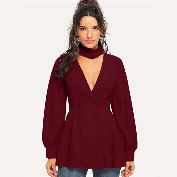 

Choker Neck Button Detail Peplum Coat, Burgundy