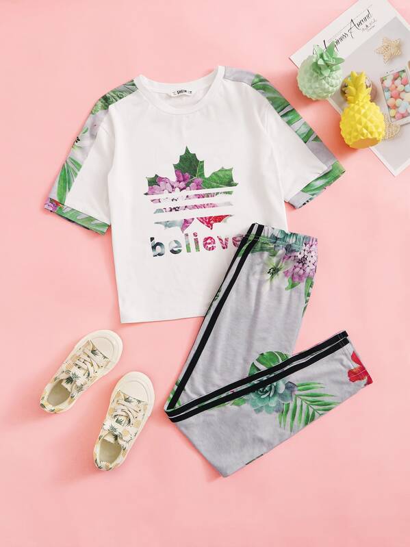 

Girls Plant & Letter Tee & Tape Side Leggings Set, Multicolor