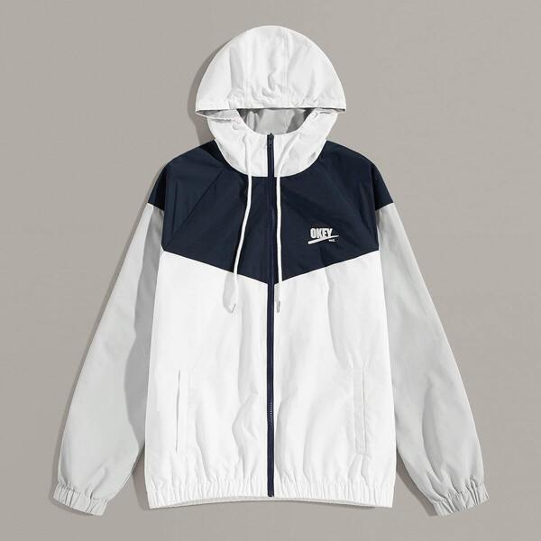

Men Letter Drawstring Hooded Jacket, White
