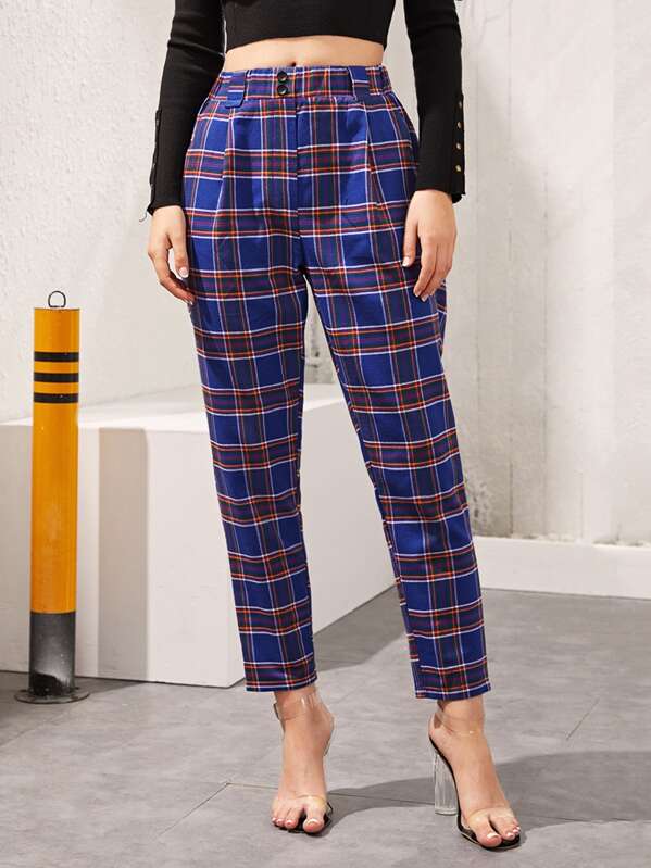 

Plaid Button Detail Tapered Pants, Multicolor, Tasha