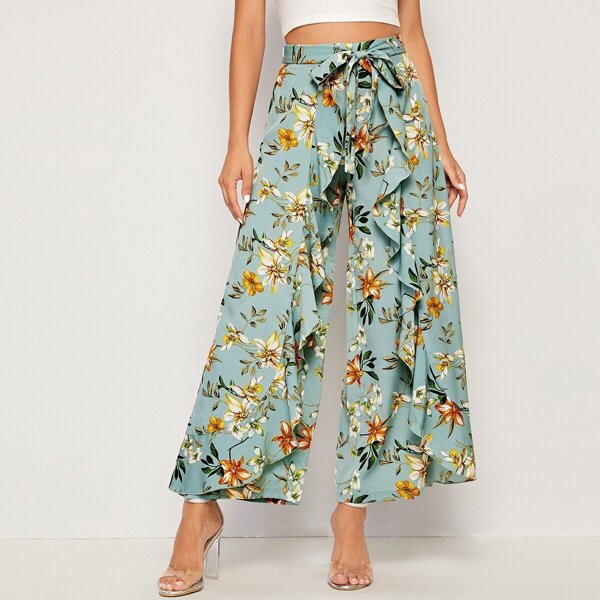 

Floral Ruffle Trim Belt Wide Leg Pants, Green