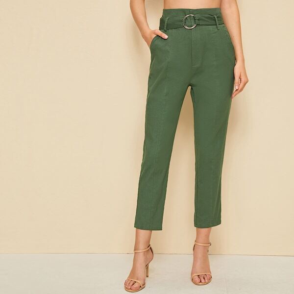 

Seam Front O-ring Belted Crop Pants, Army green