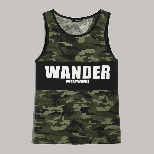 

Men Slogan and Camo Tank Top, Multicolor