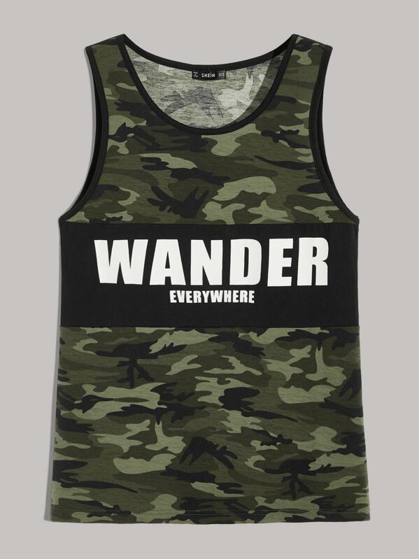 

Men Slogan and Camo Tank Top, Multicolor