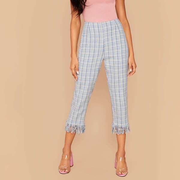 

Fringe Hem Tweed Capris Pants, Blue pastel