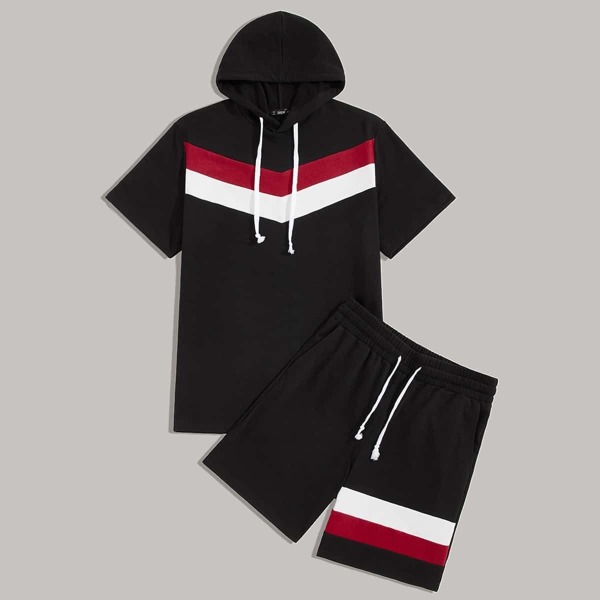 

Men Chevron Drawstring Hoodie & Track Shorts Set, Black