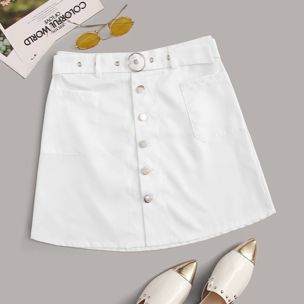 

Button Detail Grommet Belted Skirt, White