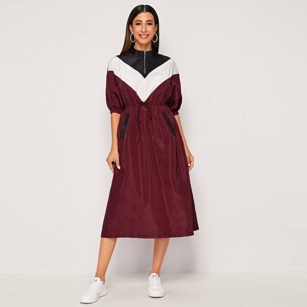 

Zip Front Drawstring Waist Chevron Dress, Burgundy