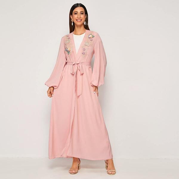 

Open Front 3D Appliques Detail Lantern Sleeve Abaya, Pink