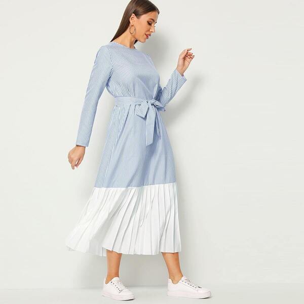 

Two Tone Pleated Hem Striped Self Belted Dress, Blue pastel