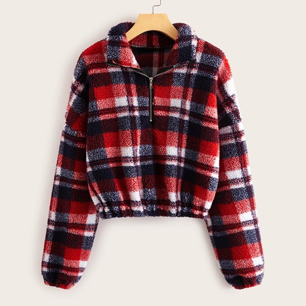 

Plaid Zip Half Teddy Sweatshirt