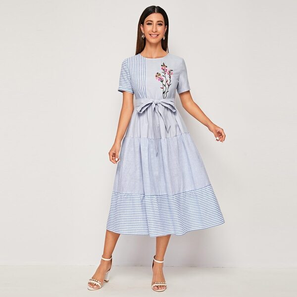 

Flower Embroidered Front Striped Belted Dress, Blue pastel