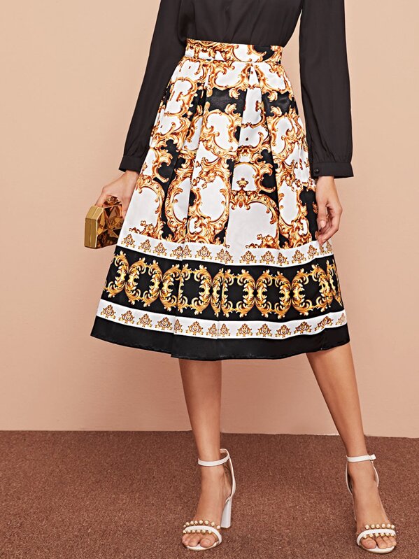 

Scarf Print Wide Waistband Pleated Skirt, Multicolor, Carol A