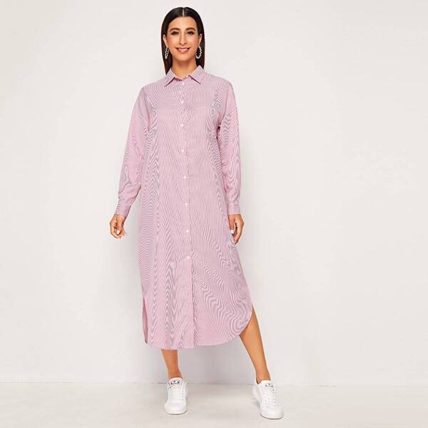 

Drop Shoulder Curved Hem Striped Shirt Dress, Pink pastel