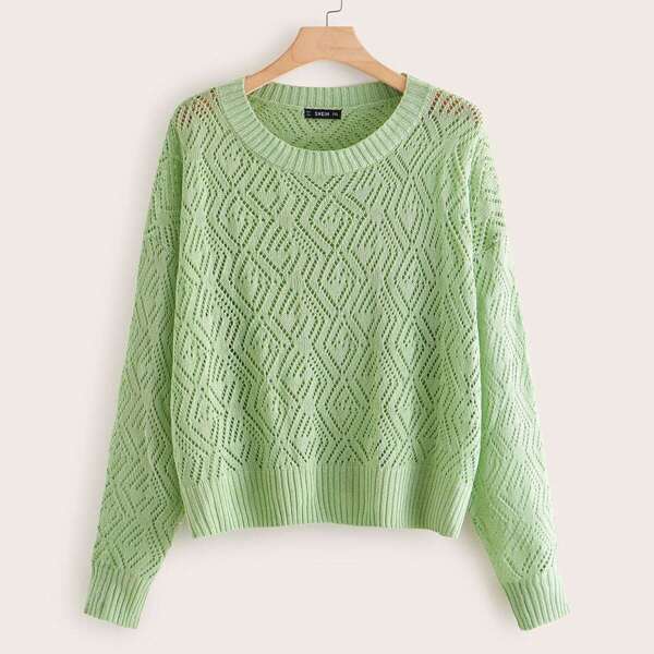

Plus Pointelle Knit Solid Sweater, Green pastel