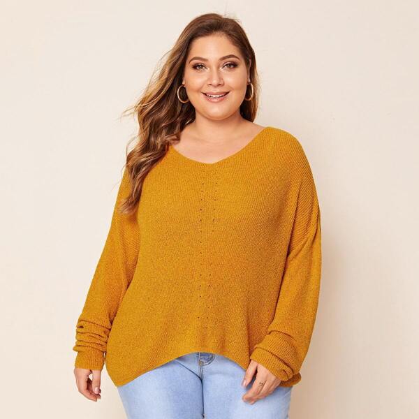 

Plus V-neck Batwing Sleeve Solid Sweater, Yellow bright