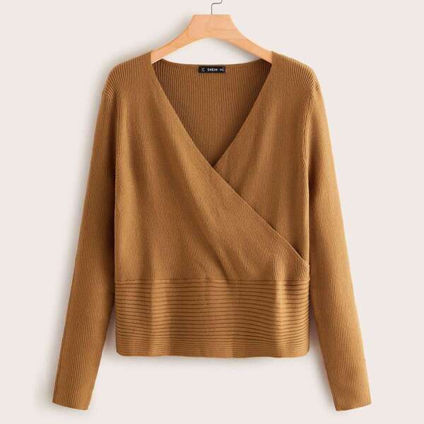 

Plus Surplice Neck Rib-knit Sweater, Camel