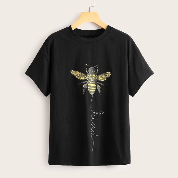 

Bee & Letter Print Drop Shoulder Tee