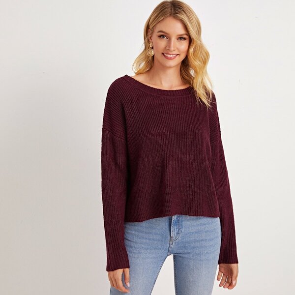 

Drop Shoulder Cutout Back Sweater, Burgundy
