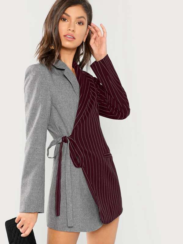 

Striped Two Tone Wrap Knotted Blazer Dress, Multicolor, Sohni