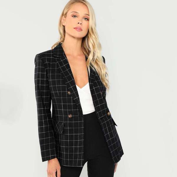 

Notch Collar Double Breasted Grid Blazer, Black