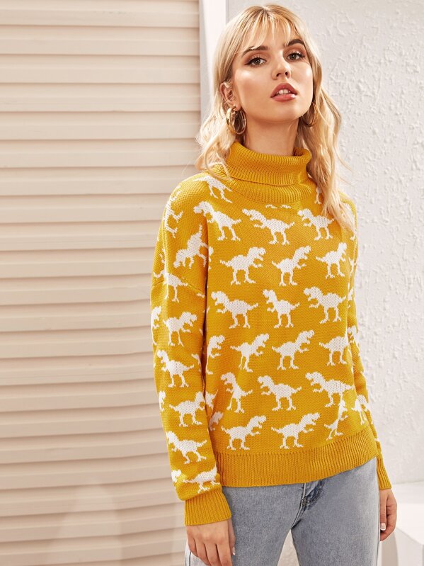 

Dinosaur Turtleneck Drop Shoulder Jumper, Yellow, Tasha