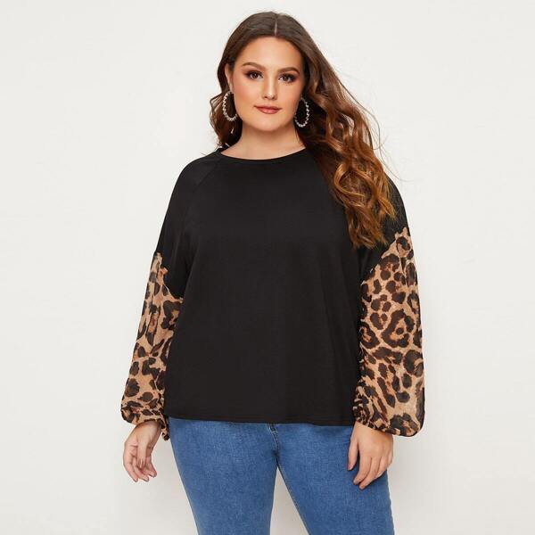 

Plus Contrast Leopard Raglan Sleeve Pullover, Black