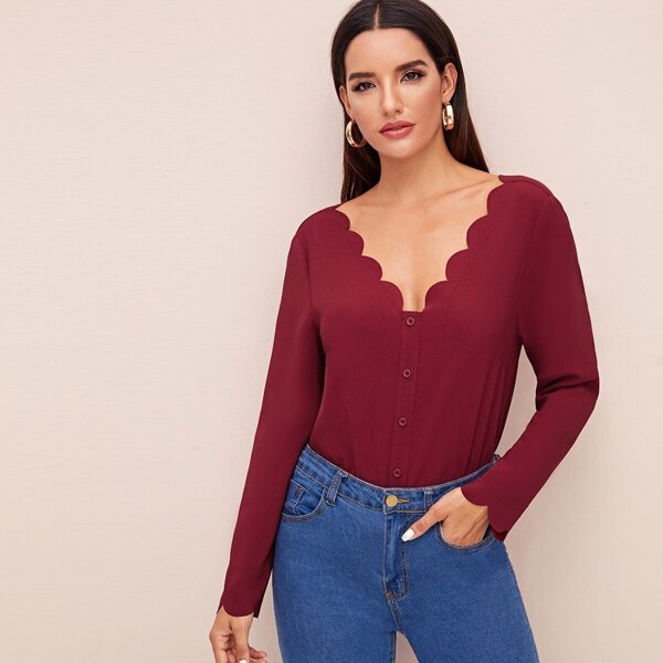 

Scallop Trim Double V-neck Button Front Top