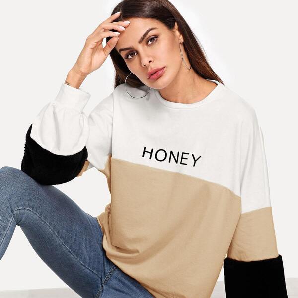 

Contrast Faux Fur Letter Print Colorblock Pullover
