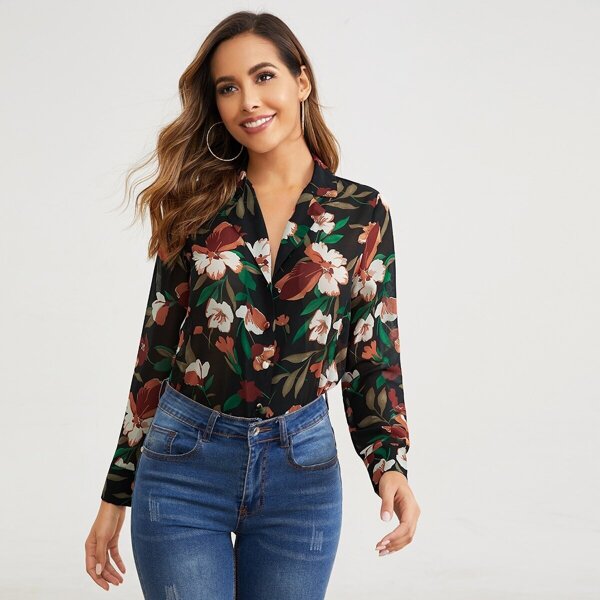 

Notch Collar Botanical Print Blouse, Multicolor