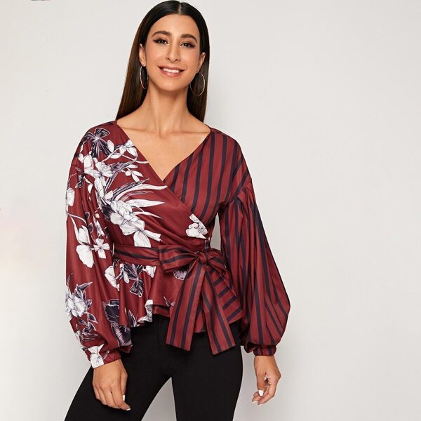

Striped & Floral Print Belted Blouse, Burgundy