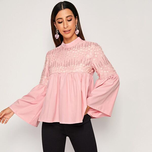 

3D Appliques & Sequin Detail Bell Sleeve Peplum Blouse, Pink pastel