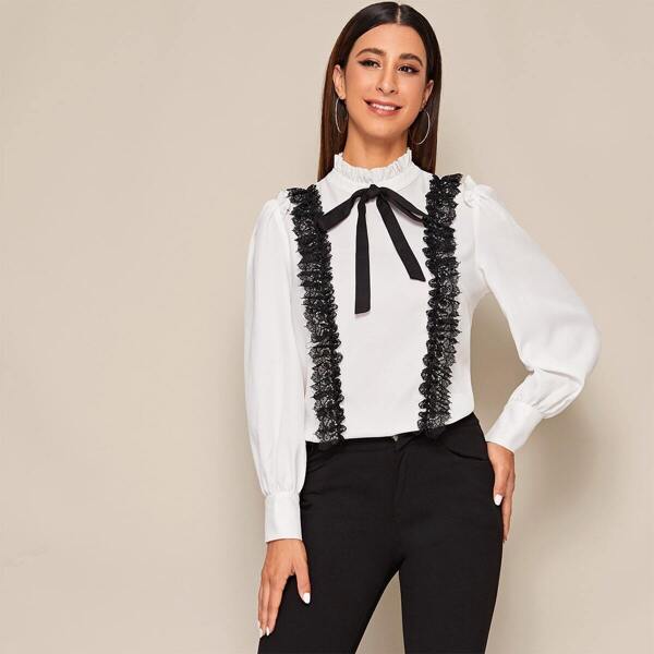 

Tie Neck Contrast Lace Detail Blouse, White