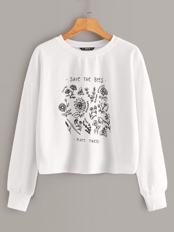 

Botanical and Slogan Print Pullover, White