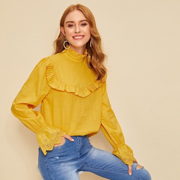 

Frill Trim Eyelet Embroidered Top, Yellow bright