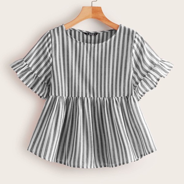 

Ruffle Cuff Striped Peplum Top, Grey