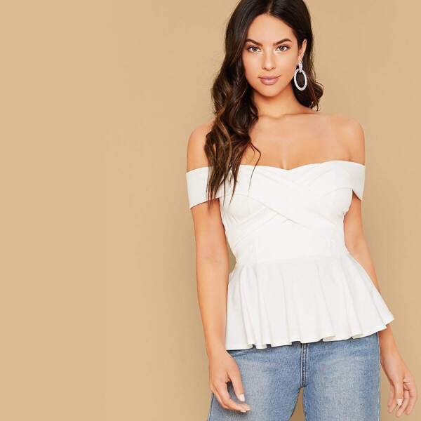 Off Shoulder Zip Back Crisscross Front Peplum Top