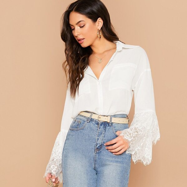 

Collared Pocket Patched Lace Cuff Shirt, White
