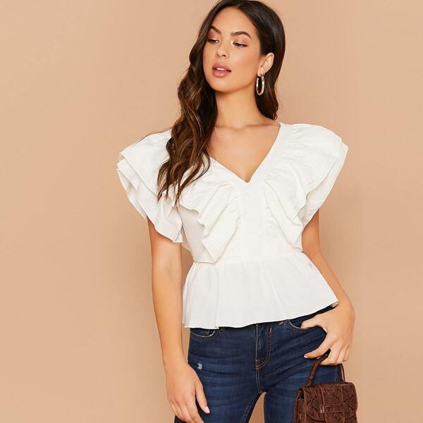 

Zip Back Ruffle Trim Peplum Top, White
