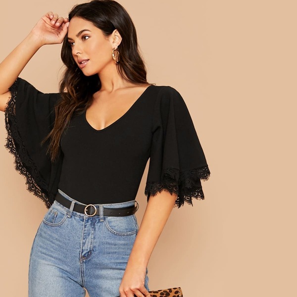 

Flutter Sleeve Eyelash Trim Bodysuit, Black
