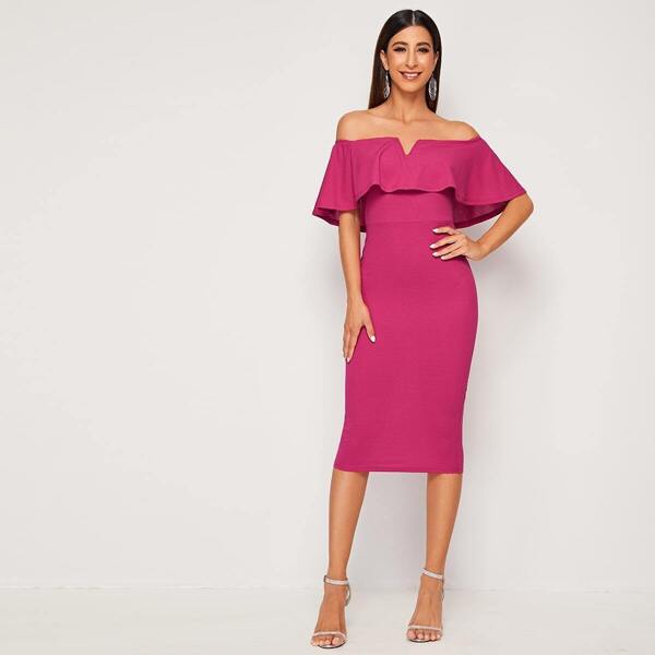 

Off Shoulder V-Cut Ruffle Foldover Pencil Dress