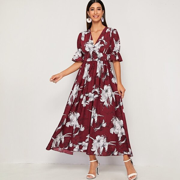 

V-neck Puff Sleeve Floral Print Fit & Flare Dress, Burgundy