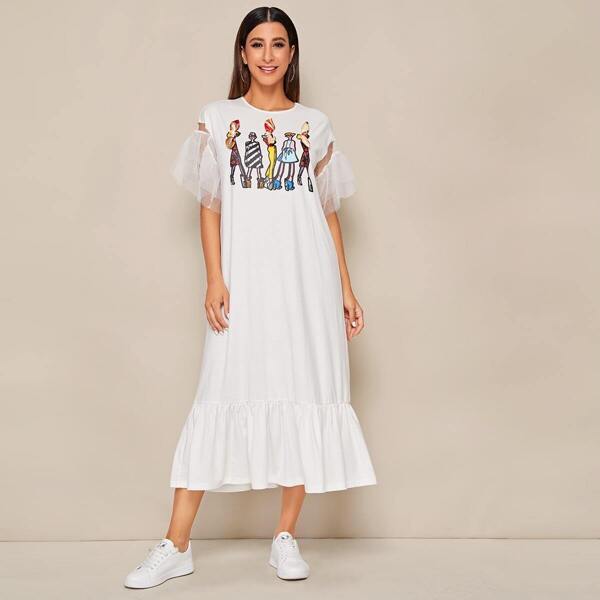 

Bow Detail Figure Print Mesh Sleeve Dress, White