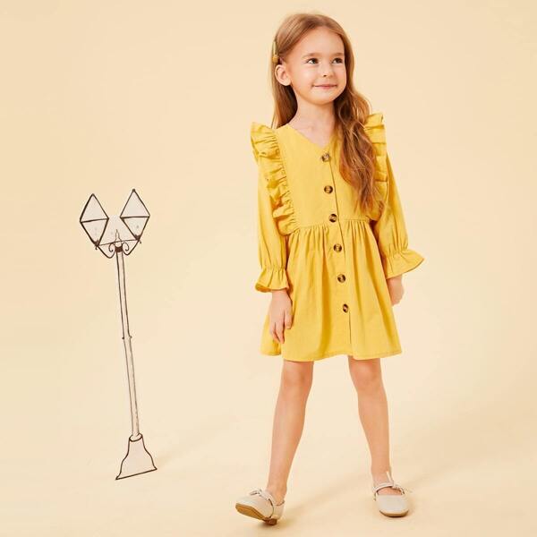 

Toddler Girls Button Front Frill Trim Shirt Dress